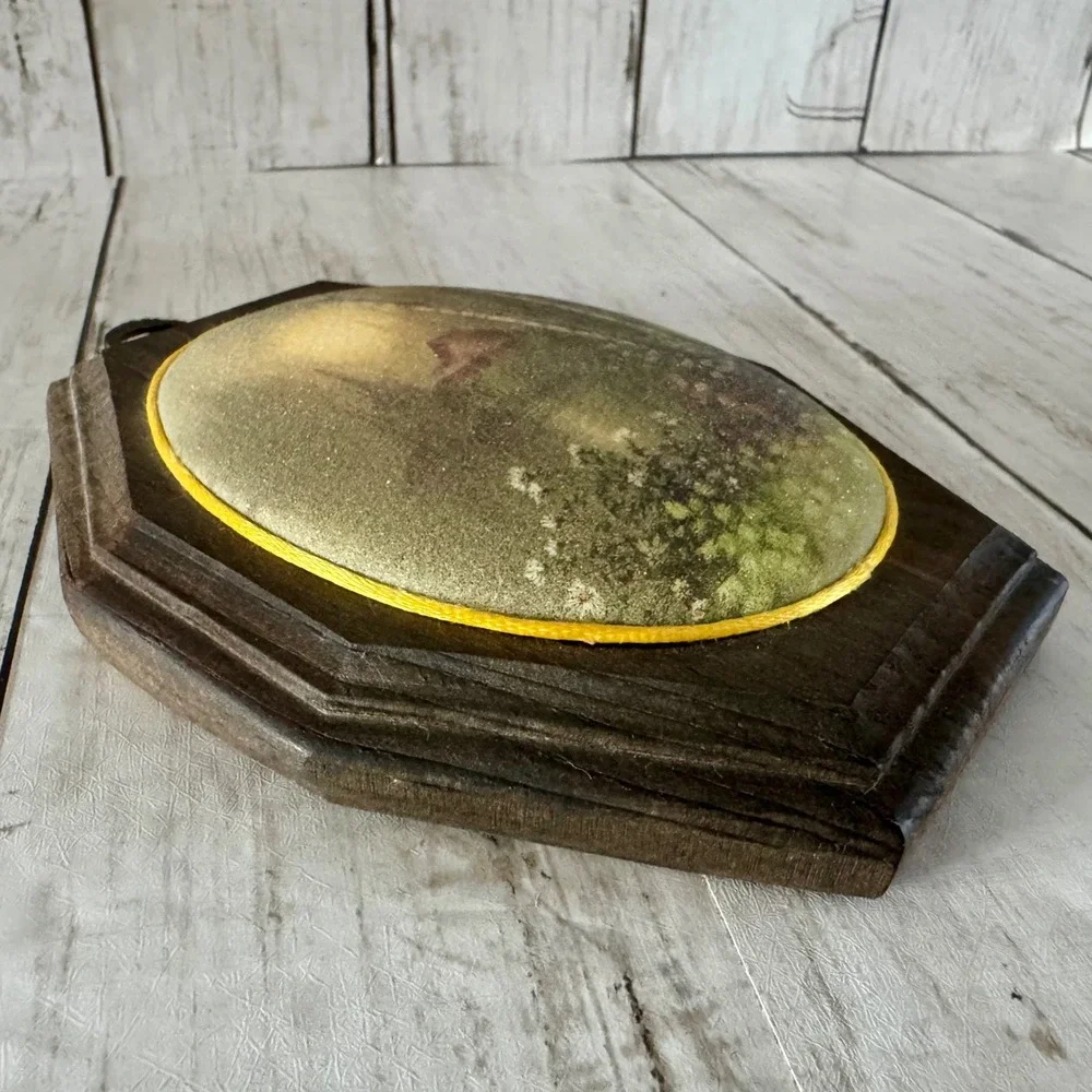 Vintage 70s Wood Octagon Wall Art Set of 2 Beaded Glass Cabin Mailbox Landscape